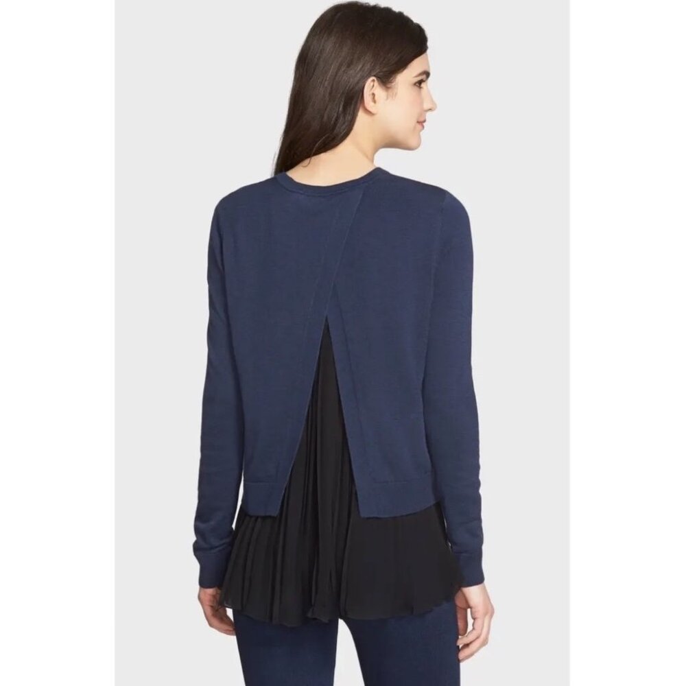 Chelsea28 Pleated Cashmere Sweater Size XS Accordion Hem Split Back Blue Black - Picture 4 of 9